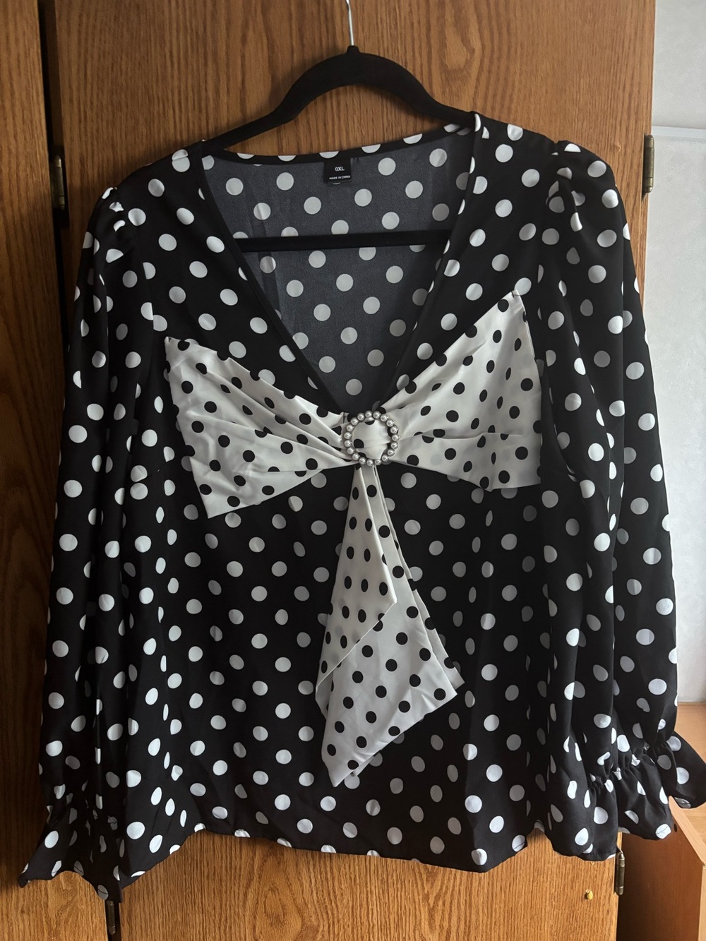 Black & White Polka Dot Bow Front Blouse